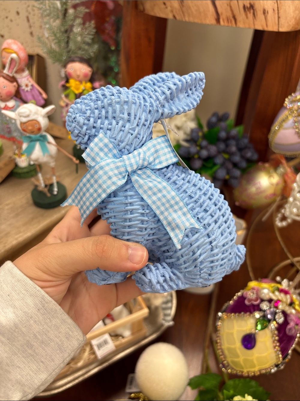 Two's Company Light Blue Wicker Bunny with Gingham Bow